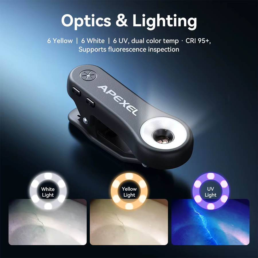 APEXEL HD 200X Mikroskop-Schmucklinse mit LED-Licht und Universalclip für iPhone und Xiaomi Smartphones, Schwarz - Bild 3