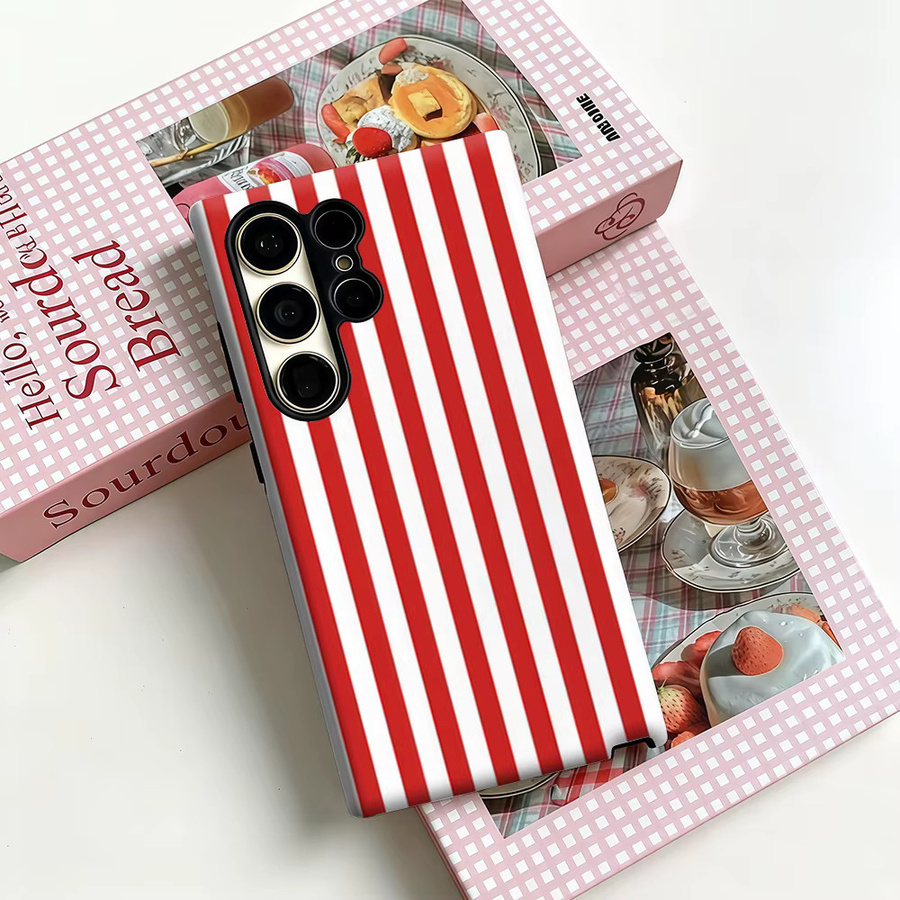 Stoßfeste Doppelschicht Handyhülle für Samsung Galaxy S25 Ultra, S24 und S23 Ultra Plus in Rot-Weiß Gestreift - Bild 3