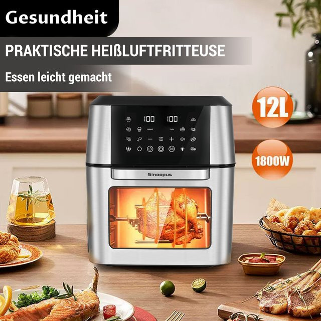 Sinaopus Heißluftfritteuse Küchenmaschine mit LED-Touch-Steuerung und Sichtfenster, 12 l, Edelstahl - Bild 1