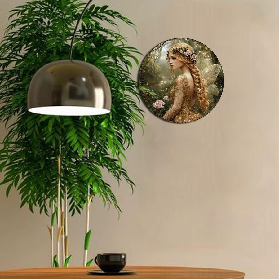 Rundes Aluminiumschild Potdemiel mit Feenthema und Blumen in Vintage-Optik, Wandkunst aus Metall, Durchmesser: 20 cm, Mehrfarbig - Bild 5