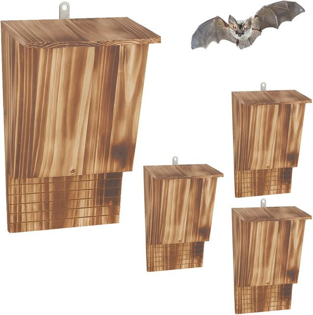 Relaxdays Fledermauskasten aus Tannenholz und Metall in Natur Geflammt, 4er Set, B/T/H: 34 x 22,5 x 12,5 cm - Bild 1