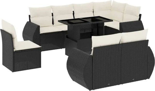 vidaXL 9-tlg. Garten-Sofagarnitur in L-Form aus Poly-Rattan mit Kissen in Schwarz und Cremeweiß - Bild 1