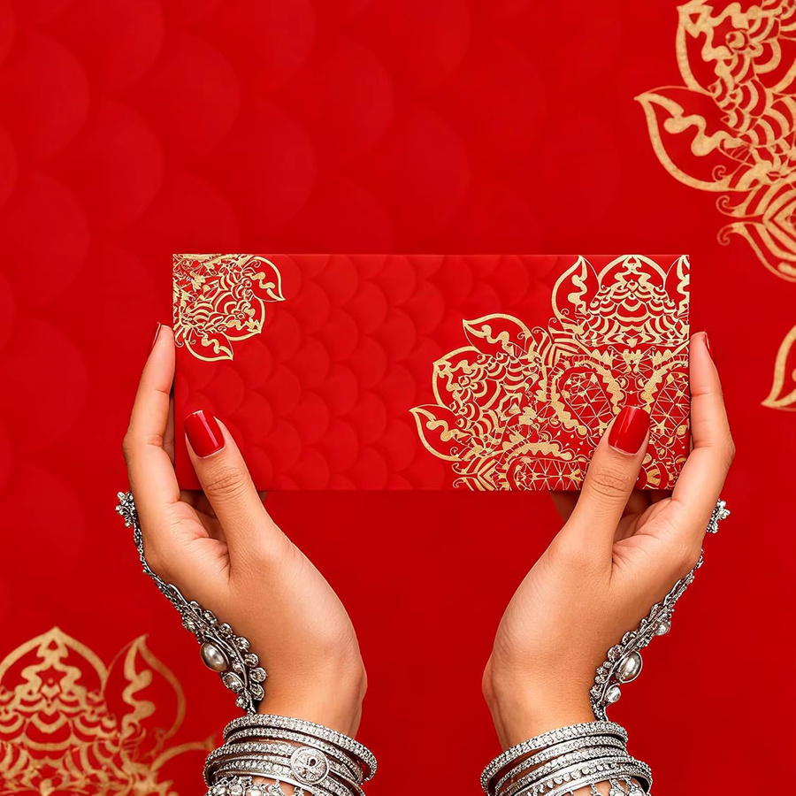 Shagun Geldumschläge in Rot und Gold mit Goldfolie, 10 Stück, B: 19,1 cm, H: 8,9 cm - Bild 4