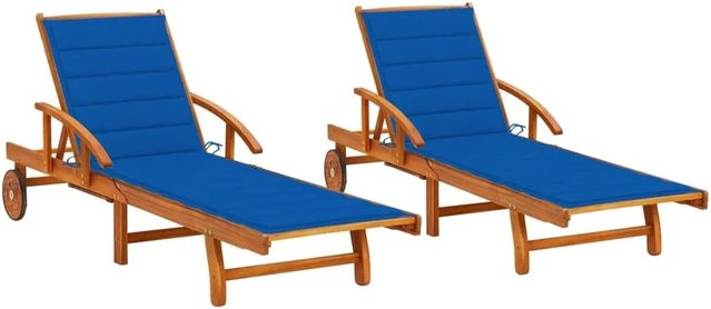 vidaXL Sonnenliegen Set aus 2 Stück aus Akazien-Massivholz mit Königsblauen Auflagen und verstellbarer Rückenlehne - Bild 1