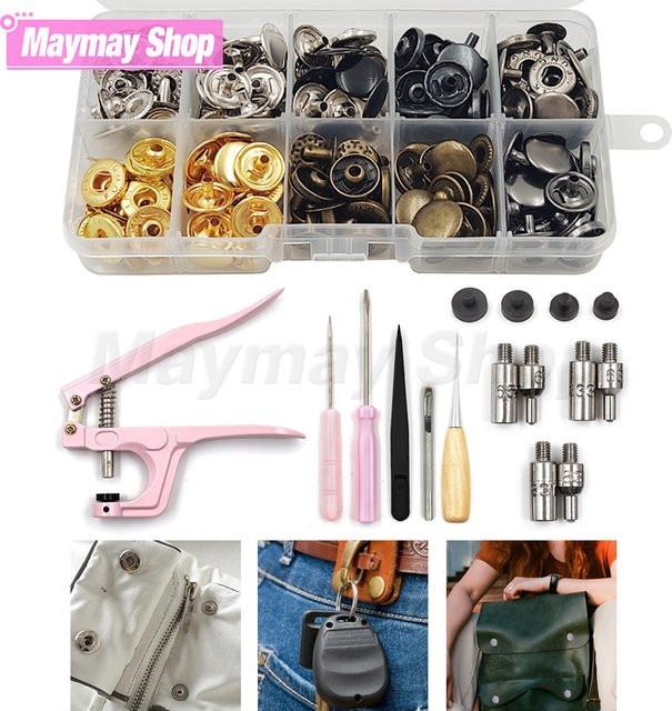 Hamoshop Metall-Druckknopf-Set mit Installationszange in Silber für DIY-Lederhandwerk, Kleidung und Taschen aus Stahl - Bild 1