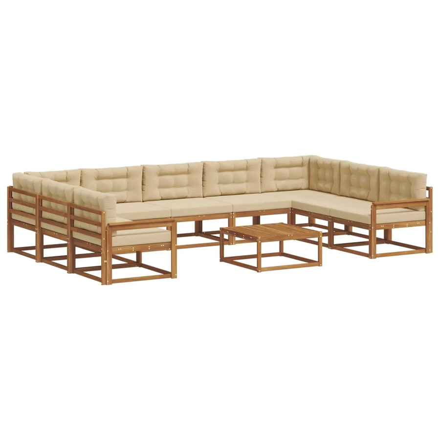 vidaXL Outdoor-Sofagarnitur aus Akazienholz in L-Form, 10-teiliges Set mit Kissen in Natur und Beige - Bild 2