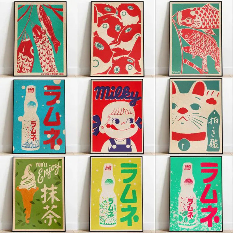 Potdemiel Diamantmalerei Wandbild Matcha Glückskatze im Vintage Pop-Art Stil, mehrfarbig, Leinwand Hochformat - Bild 1