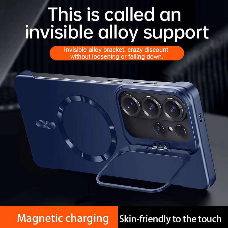 Magnetische Samsung Galaxy S25 S24 S26 Ultra Plus FE Handyhülle mit Metall-Kameraständer und Rahmenlosem Design in Schwarz - Bild 2