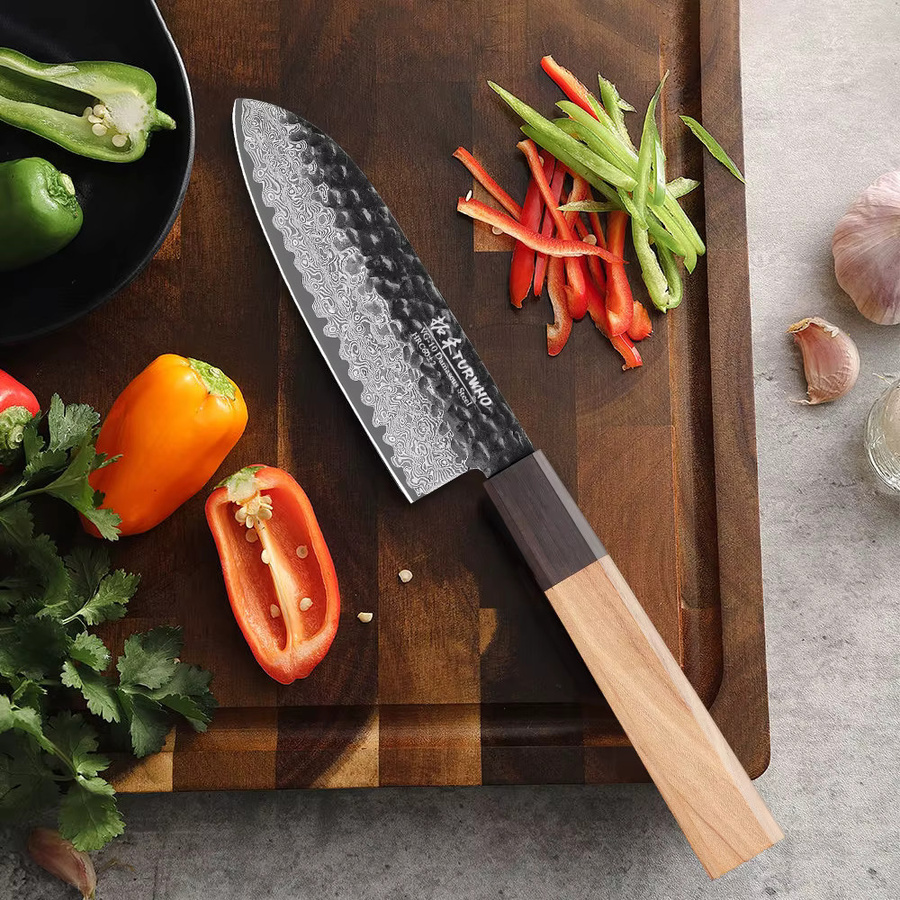 TURWHO Santokumesser aus Damaststahl, 12,7 cm japanisches Kochmesser mit Holzgriff, Silber - Bild 2