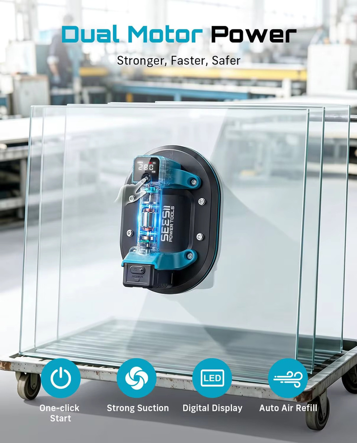 Seesii Elektrischer Saugnapf 10 Zoll mit Digitalanzeige und 4 Akkus 3,0Ah zum Heben von Glas und Fliesen bis 280kg - Bild 2