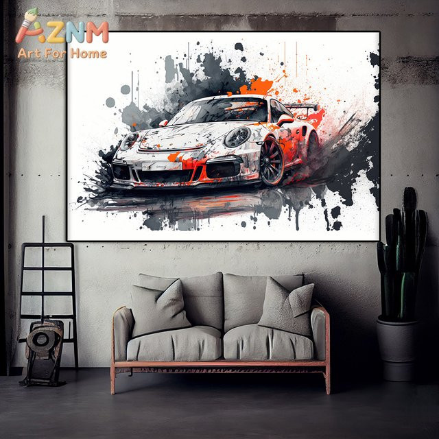AZNM Porsche 911 GT3 RS Splash Art Wanddruck, modernes abstraktes Leinwandposter mit Tintenspritzer-Motiv in Multicolour - Bild 1