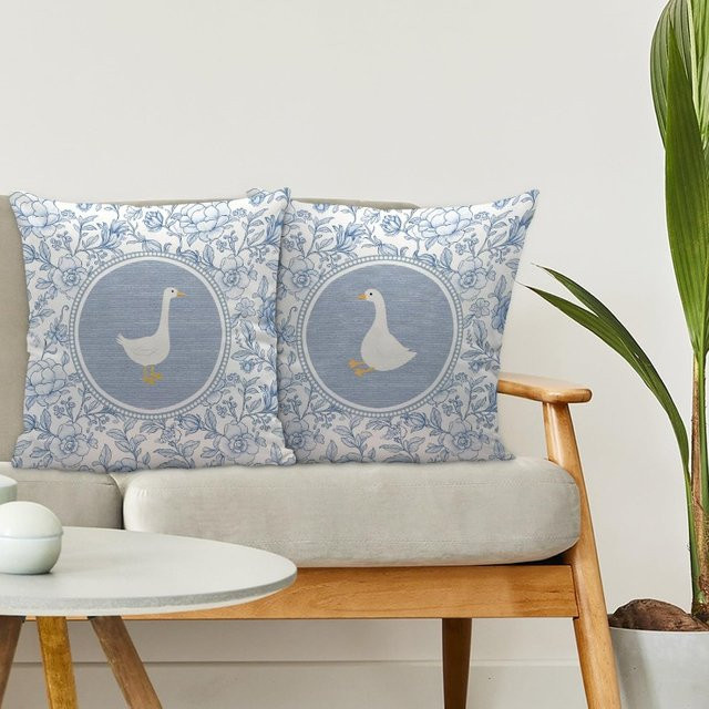VIKAMA 2er-Set Kissenbezüge mit Garten-Gänse-Motiv in Blau-Weiß, quadratische Kissenbezüge aus verschleißfestem Stoff, Breite: 30 cm, Höhe: 30 cm - Bild 1