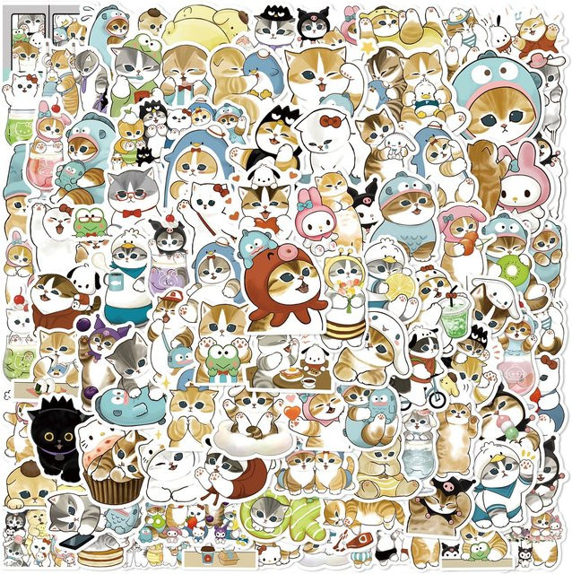 100 Stück Kawaii Katzen-Aufkleber mit Hai-Motiv aus wasserfestem Vinyl in Multicolour für Laptop, Handyhülle und Notizbuch - Bild 1