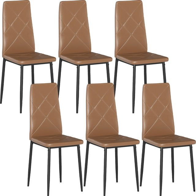 6er-Set Esszimmerstühle HOMCOM aus Kunstleder in Braun mit hoher Rückenlehne und Diamantsteppung sowie Stahlbeinen - Bild 1