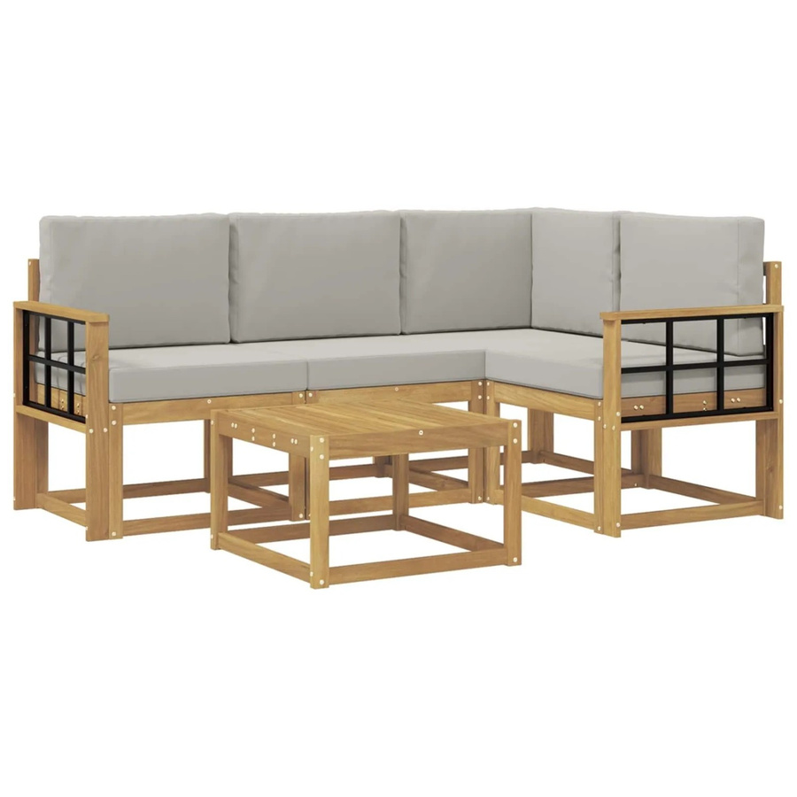 vidaXL Outdoor-Sofagarnitur 5-teilig in L-Form aus Akazienholz mit Polsterkissen, Weiß-hellgrau, B/T/H: 59 x 59 x 37 cm - Bild 2