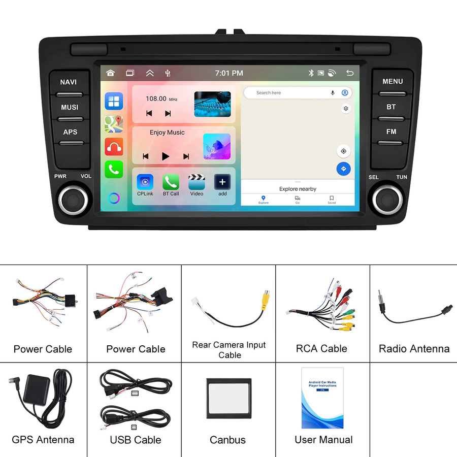 Podofo Android Autoradio für Skoda Octavia II mit 6 GB RAM und 128 GB Speicher, kabelloses CarPlay, Android Auto, WIFI, GPS, DSP und Bluetooth in Schwarz - Bild 4