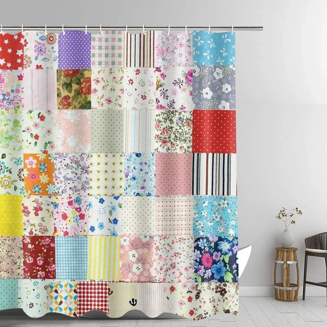 Wasserdichter Duschvorhang mit böhmischem Patchwork-Blumenmuster in Bunt, Vintage-Design, Breite: 90 cm, Höhe: 180 cm - Bild 1