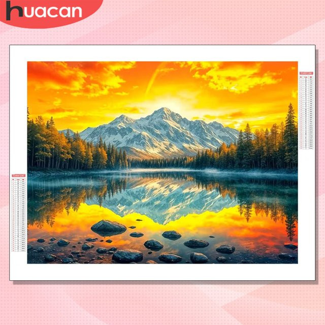 HUACAN 5D Diamantmalerei Berglandschaft mit Sonnenuntergang, See und Fluss als Mosaik Diamantkunst in Multicolor zur Wohnzimmer Dekoration - Bild 1