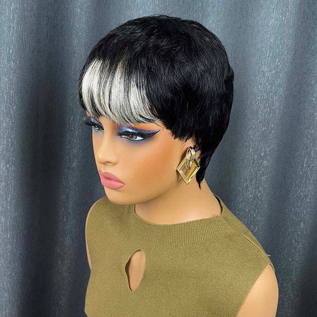 OYM HAIR Pixie-Schnitt-Perücke, Remy-Echthaar, Schwarz, mit Pony - Bild 1