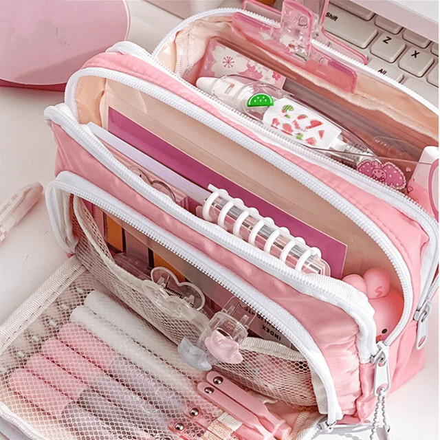 Kawaii Federmäppchen in Pink, 3-lagiges Stoff-Etui mit großem Fassungsvermögen und Reißverschluss, niedliche koreanische Stifttasche für Schüler - Bild 1