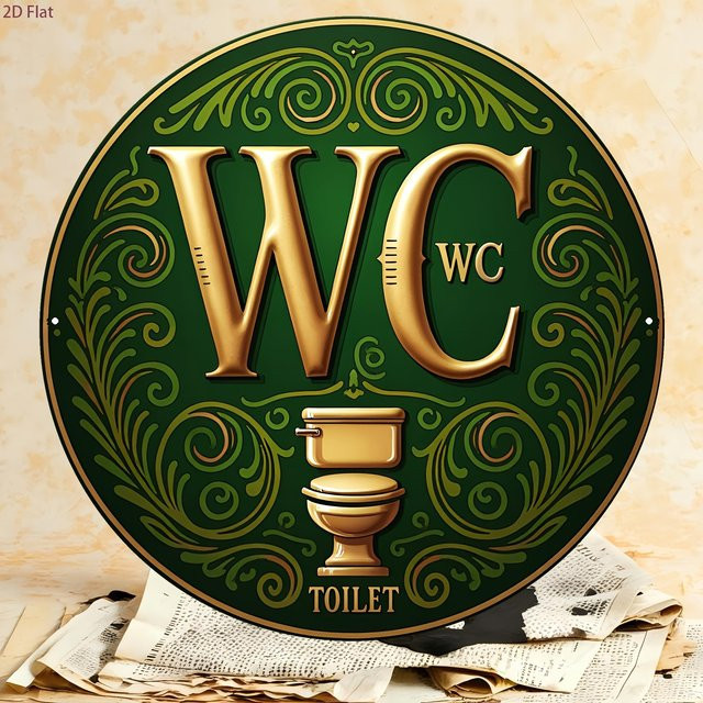 CIFBUY Vintage WC-Schild aus Aluminium in Gold, rundes Wandkunstwerk für Badezimmer und Toilette, Durchmesser: 30,48 cm - Bild 1