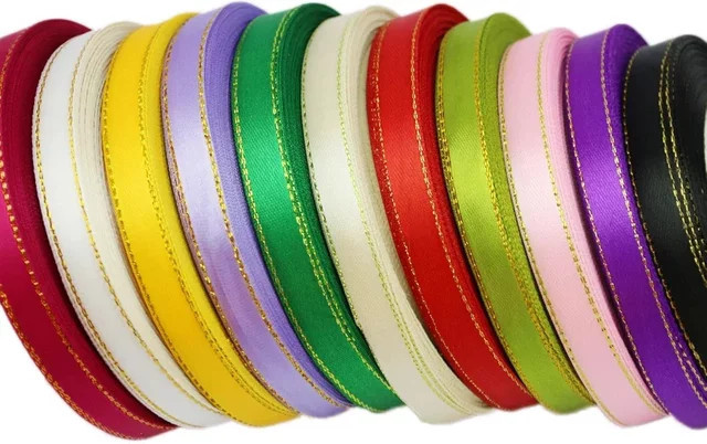 Rosa Satinband mit goldenem Rand aus Polyester, Breite: 10 mm, 25 Yards pro Los - Bild 1