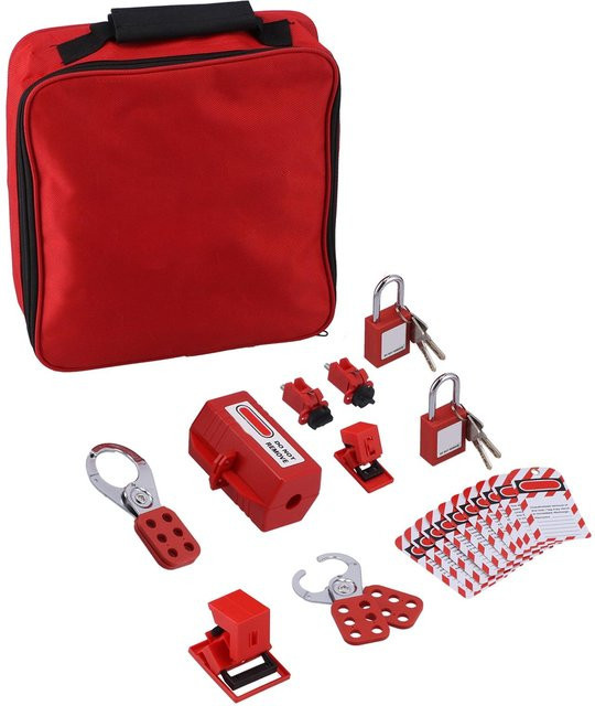 Elektrisches Lockout-Tagout-Kit mit Haspen, Sicherheitsvorhängeschlössern, Leitungsschutzschalter-Sperrung und Stecker-Sperrung inklusive Aufbewahrungstasche in Rot - Bild 1