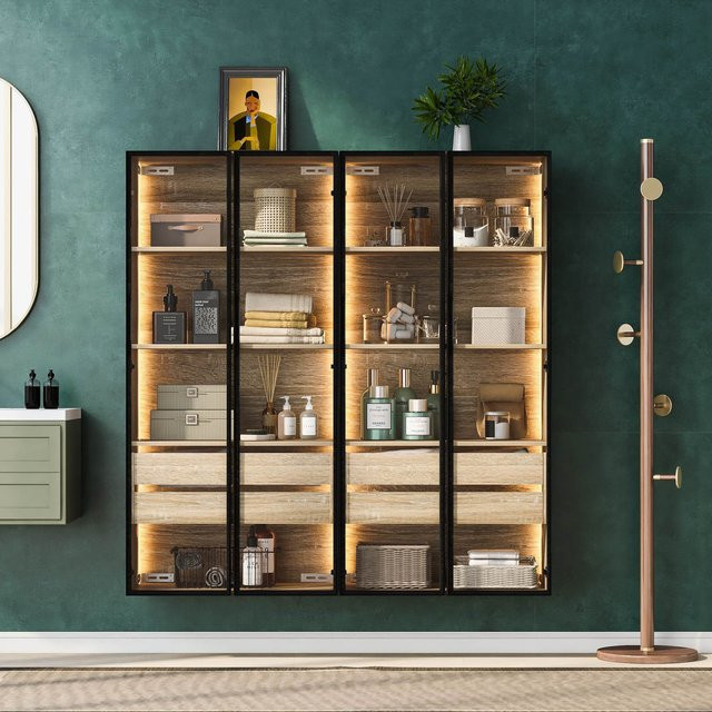 Aosom Badezimmerschrank Schwarz mit LED-Beleuchtung, 2 Schubladen und 2 Türen mit Milchglas, B/T/H: 74 x 36 x 155 cm - Bild 1
