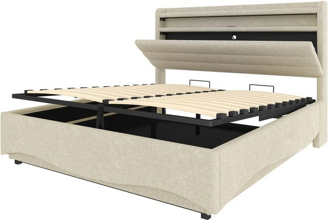 okwish Polsterbett Beige mit USB-C Anschluss und Unterbettbeleuchtung für Kinderzimmer und Schlafzimmer, B/T/H: 140 x 200 x 110 cm - Bild 1