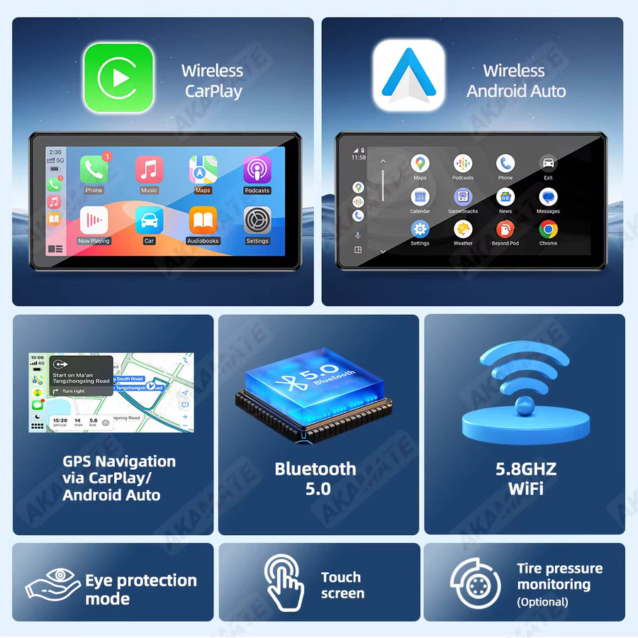 AKAMATE 6 Zoll Motorrad Monitor mit drahtlosem CarPlay und Android Auto, wasserdichter IPS Bildschirm mit GPS, Bluetooth und WiFi in Schwarz - Bild 4