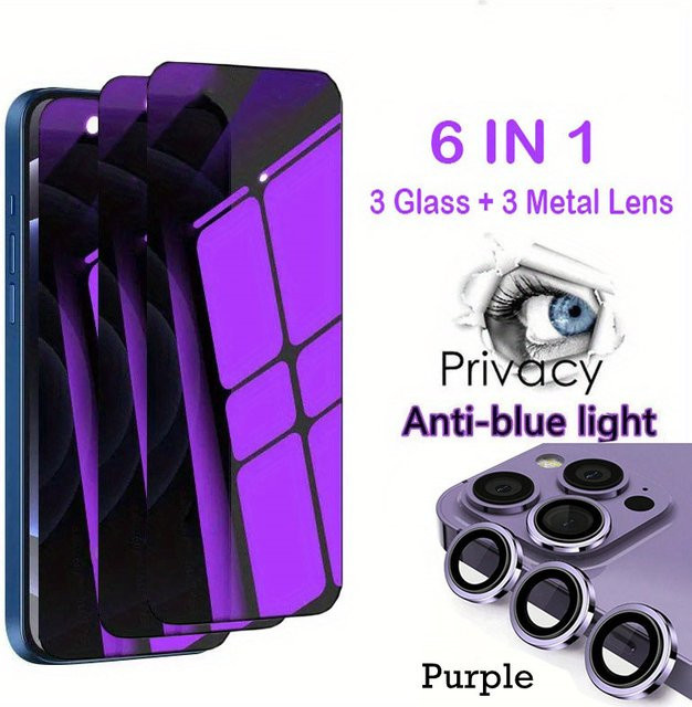 Fudusaidman 6in1 Displayschutz-Set mit Anti-Blue-Ray Sichtschutzglas und Objektivdeckel für iPhone 17 16 15 Pro Max 14 Plus 13 Mini 12 11 in Silber - Bild 1