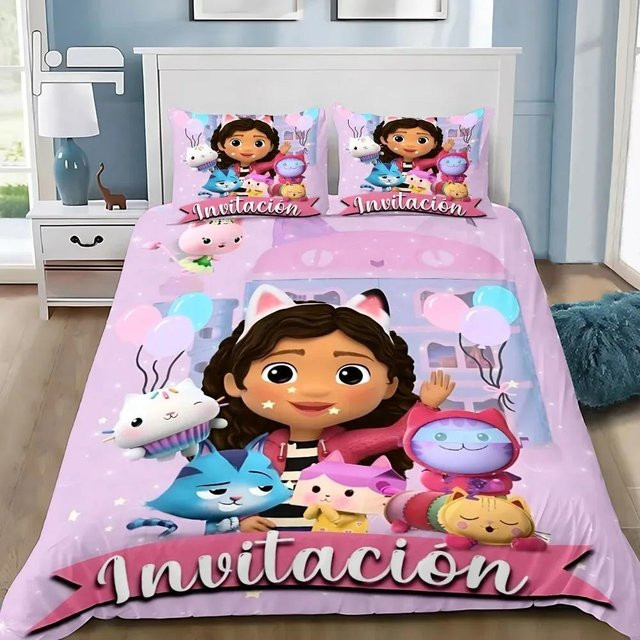 Paslu G-Gabbys D-Dollhouse Bettwäsche-Set mit Cartoon-Design, Multicolor, 3-teilig, B: 135 cm, L: 200 cm - Bild 1