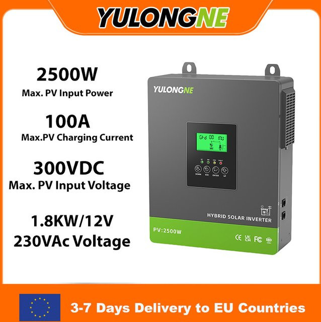 YULONGNE 1800W Off-Grid Hybrid-Solarwechselrichter 12V DC zu 230V AC mit 100A MPPT-Solarregler und max. 2500W PV-Leistung in Grau - Bild 1