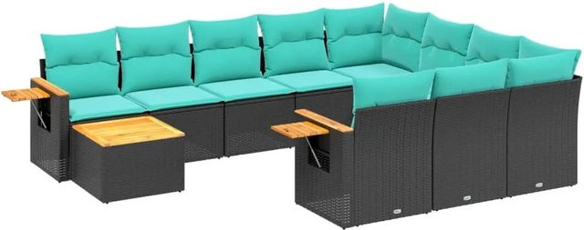 vidaXL 11-tlg. Garten-Sofagarnitur in L-Form aus Polyrattan mit Kissen und Couchtisch, Schwarz und Blau - Bild 1