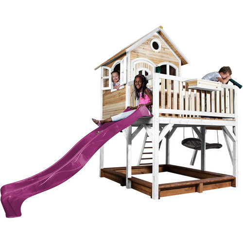 Axi Liam Spielturm aus Holz mit Roxy Nestschaukel und Rutsche in Braun, Weiß und Lila, B/H/T: 613 x 291 x 277 cm - Bild 2
