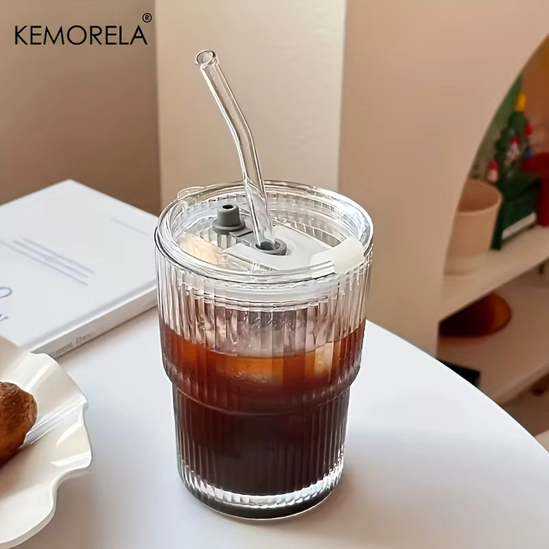 KEMORELA Streifen Glas Tasse mit Deckel und Stroh, transparent, 450 ml - Bild 2