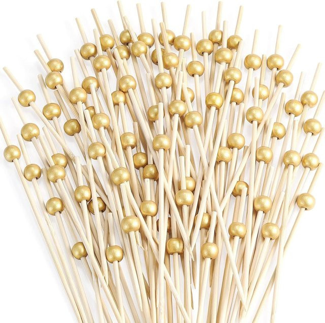 100 Stück goldene Bambus-Cocktailspieße für Getränke und Desserts, runde Lebensmittel-Zahnstocher - Bild 1