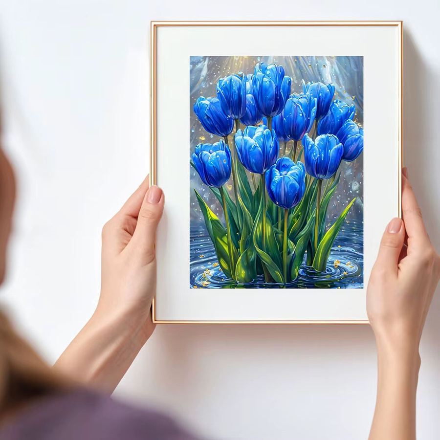 Huacan Diamantmalerei Tulpe Blumenkunst Dekorative Diamant-Mosaik Gemälde Blau B: 30,0 cm, H: 20,0 cm - Bild 3