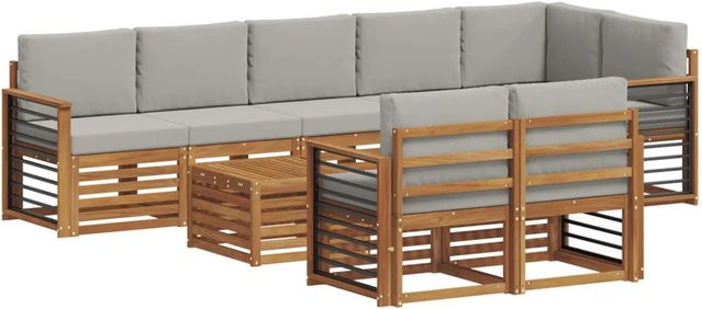 vidaXL Sofagarnitur 9-teilig aus Massivholz Akazie in Natur und Hellgrau mit Polsterkissen und Armlehnen - Bild 1