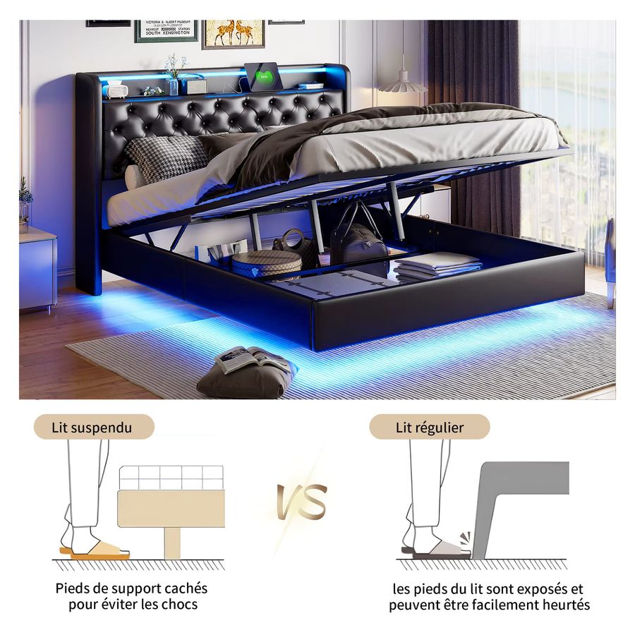 Modernes schwebendes Bett aus schwarzem Leder mit RGB LED, hydraulischem Stauraum und USB-Anschluss am Kopfteil, B/T/H: 140 x 200 x 0 cm - Bild 3