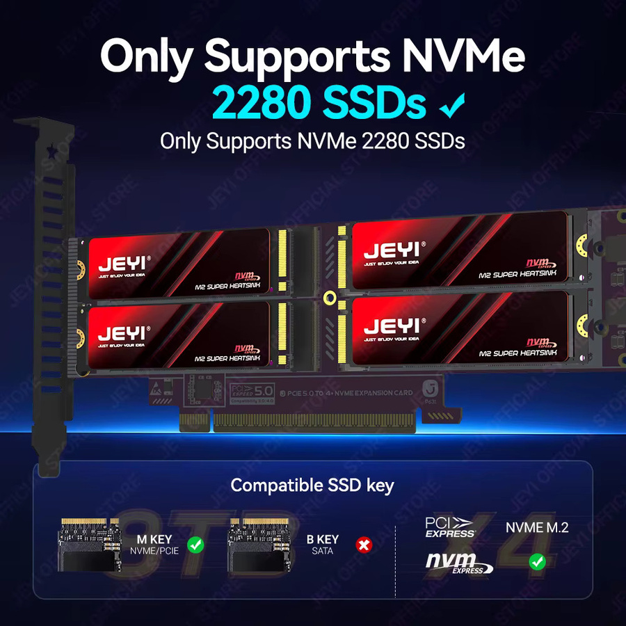 JEYI 4-Bay PCIe 5.0 x16 zu M.2 NVMe Erweiterungskarte mit 512Gbps RAID-Unterstützung und Aluminiumgehäuse - Bild 3