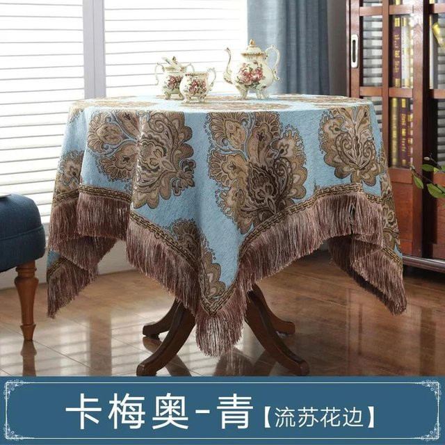 Runde Jacquard Tischdecke von JMG Household Supplies in Blau mit Quasten, Durchmesser: 130 cm - Bild 1