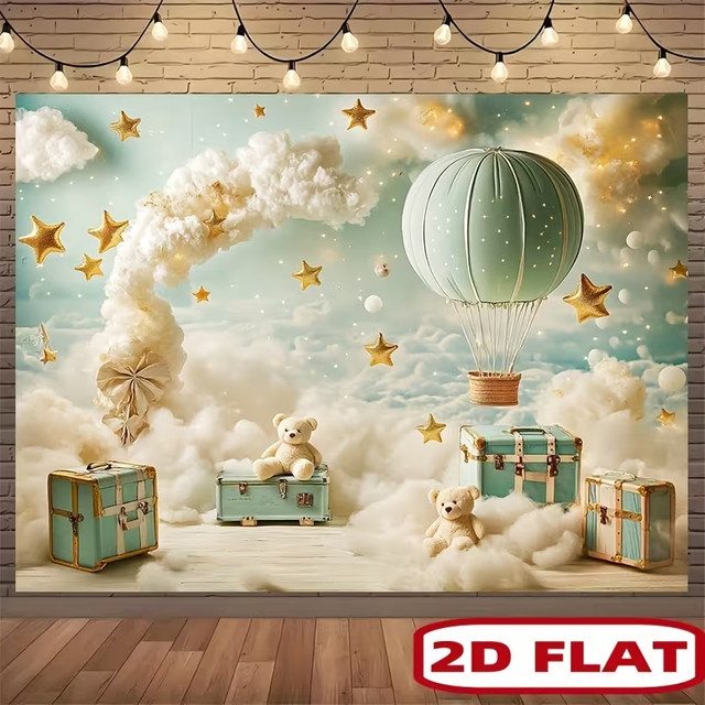 VIKAMA Hintergrundtuch mit Heißluftballon-Bär und Sternenhimmel für Kindergeburtstage und Baby-Fotos, Mehrfarbig - Bild 1
