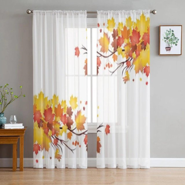 Transparenter Tüll-Vorhang mit herbstlichem Ahornblatt-Design von A Family Of Home Textiles, Farbe Transparent, B: 135 cm, H: 160 cm - Bild 1