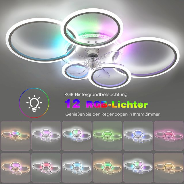 Oyajia RGB-Deckenventilator im 5-Ring-Design mit Fernbedienung und Timer, Weiß/Multicolor - Bild 1