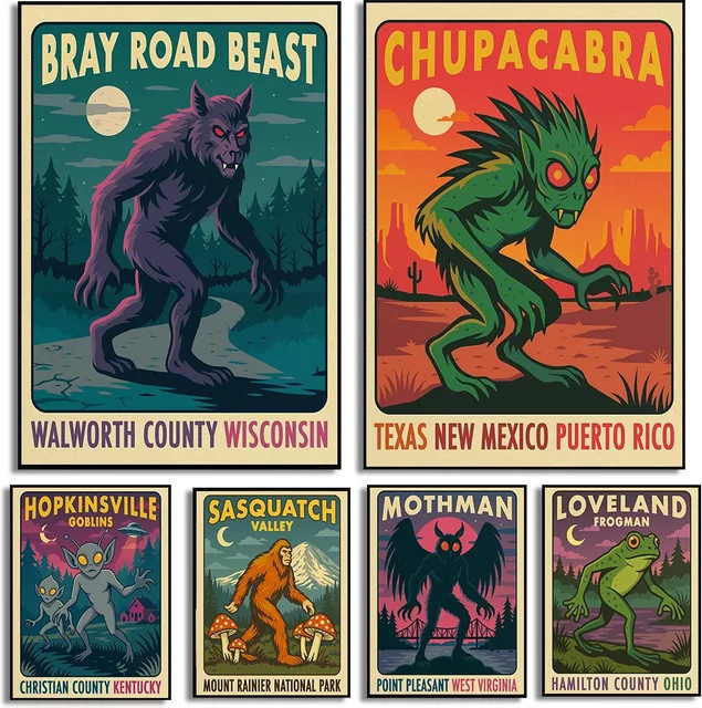 Potdemiel Nationalpark Cryptid Reiseposter Leinwand Wandkunst mit paranormalen Kreaturen in Multicolor - Bild 1