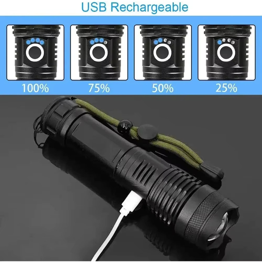 KDULIT Hochleistungs-LED-Taschenlampe aus Aluminiumlegierung in Schwarz mit USB-Aufladung, 5 Modi und Teleskop-Zoom für Outdoor, Camping und Angeln - Bild 3