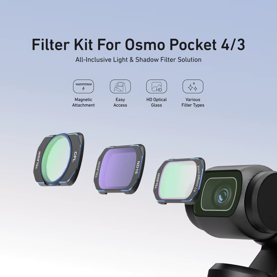TELESIN Objektivfilter-Set für DJI OSMO Pocket 3 und Pocket 4 inklusive CPL und ND-Filtern ND16 ND32 ND64 ND256 in Schwarz - Bild 2