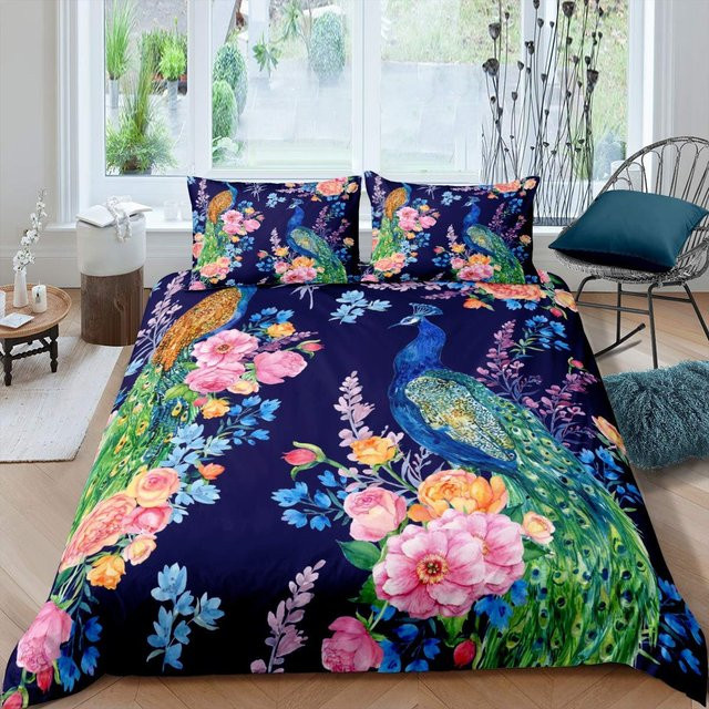 Bettwäsche-Set mit Pfauenmuster und Blumenmotiv in Blau, 3-teilig aus Polyester, B/H: 140 x 200 cm - Bild 1