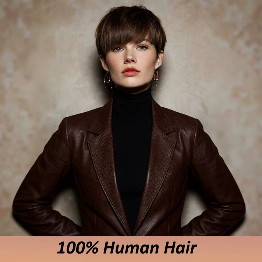 OYM HAIR Perücke, braunes brasilianisches Echthaar, kurzer Pixie-Schnitt, Damen - Bild 2